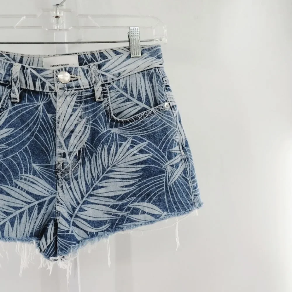 Anthro Current/Elliott Womens Size 25 Palm Print High Rise Denim Jean Shorts